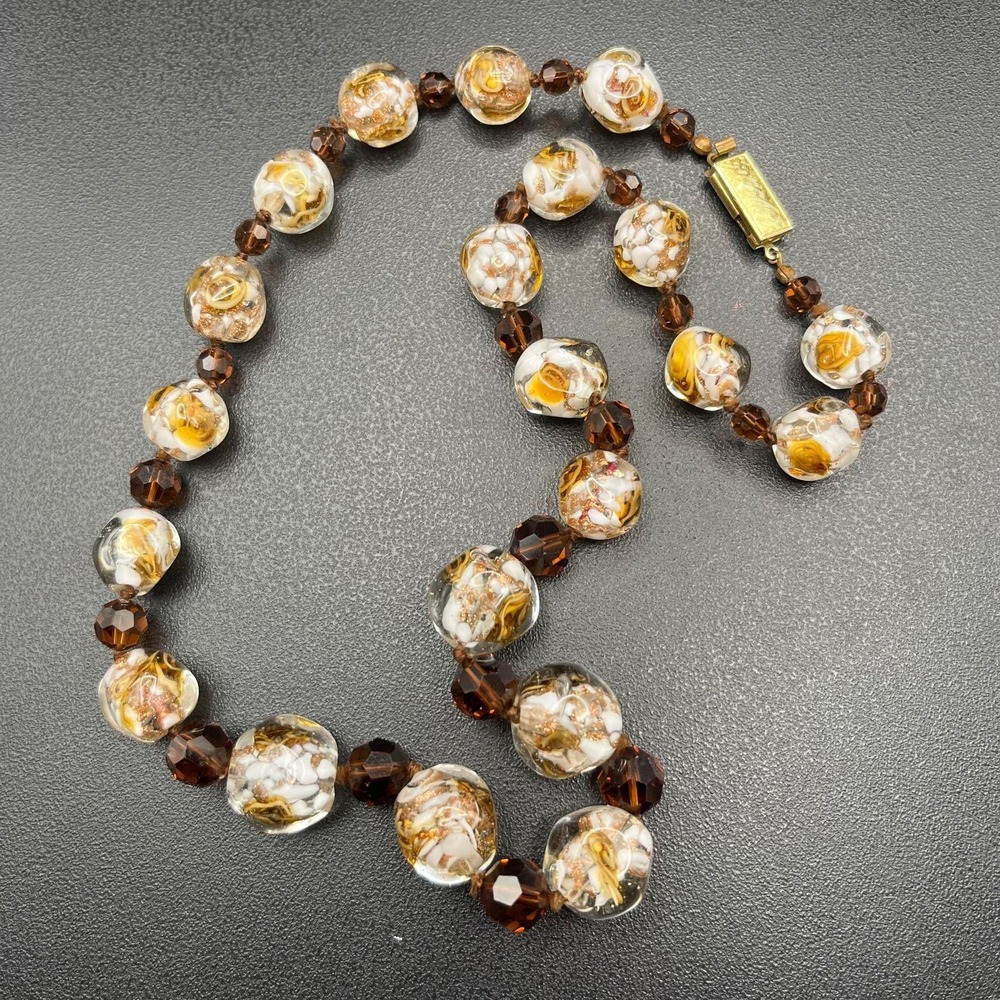 Vintage Art Glass Necklace Gold Foil Beads Lamp Work Smoky Brown Spacers 20" WOW